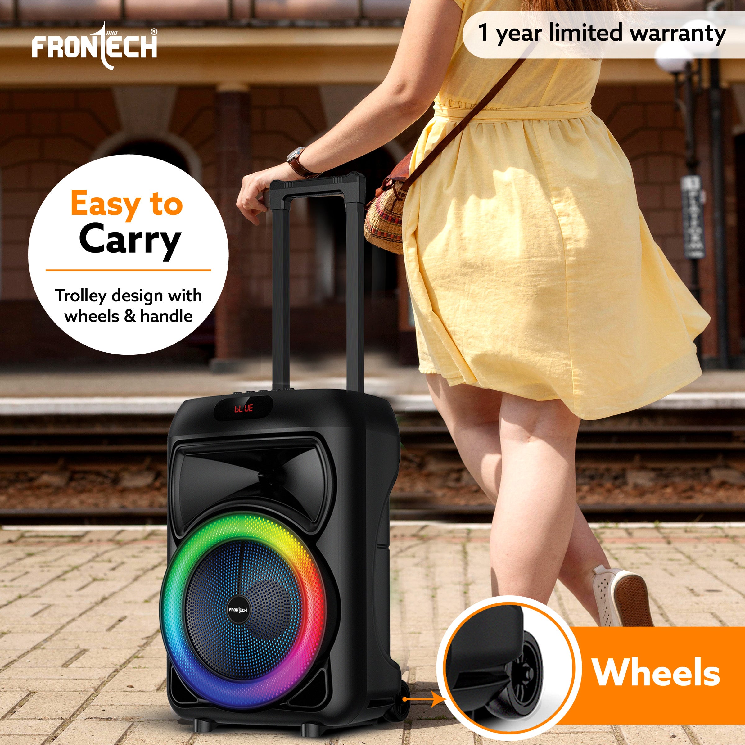 Frontech Encore Multimedia Wireless Trolley Speaker - 30W Output, Bluetooth 5.0, LED Display, Disco Light, Wheels, Handle - (SW-0136) Frontech Encore Multimedia Wireless Trolley Speaker - 30W Output, Bluetooth 5.0, LED Display, Disco Light, Wheels, Handle - (SW-0136)